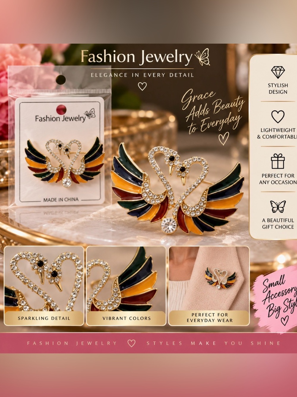 Fashion Jewelry Gold-tone Swan Brooch with Multicolor Enamel Wings